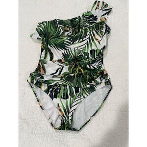 Hilor Womens One Shoulder Ruffle Tropical Leaves One Piece Swimming Suit Sz 12